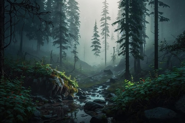 I raggi del sole della foresta pluviale scura attraverso gli alberi con l'illustrazione digitale della nebbia densa generata dall'AI
