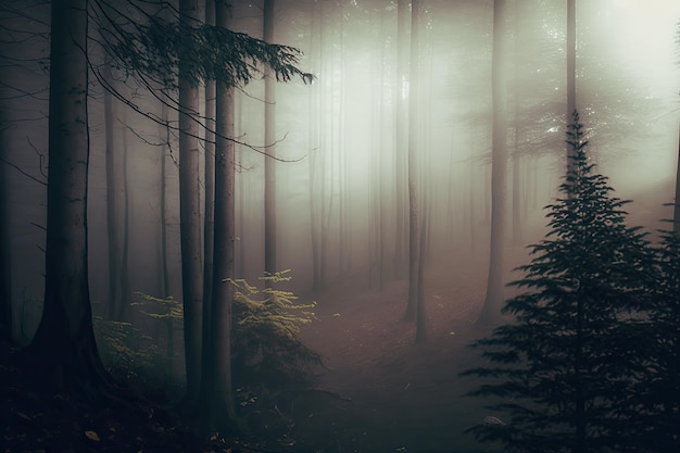 I raggi del sole della foresta pluviale scura attraverso gli alberi con l'illustrazione digitale della nebbia densa generata dall'AI