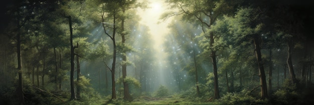 I raggi del sole e la nebbia mattutina del balletto dell'alba della foresta in un tranquillo striscione verde