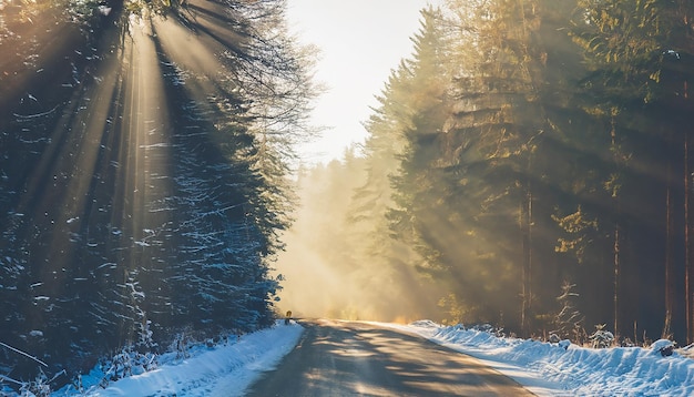 I raggi del sole invernali attraversano gli alberi su una strada boschiva in una serata nebbiosa