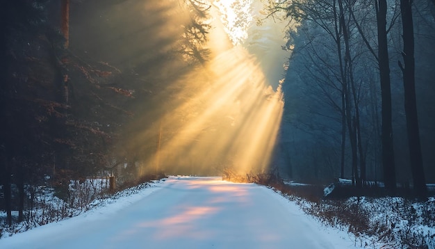 I raggi del sole invernali attraversano gli alberi su una strada boschiva in una serata nebbiosa