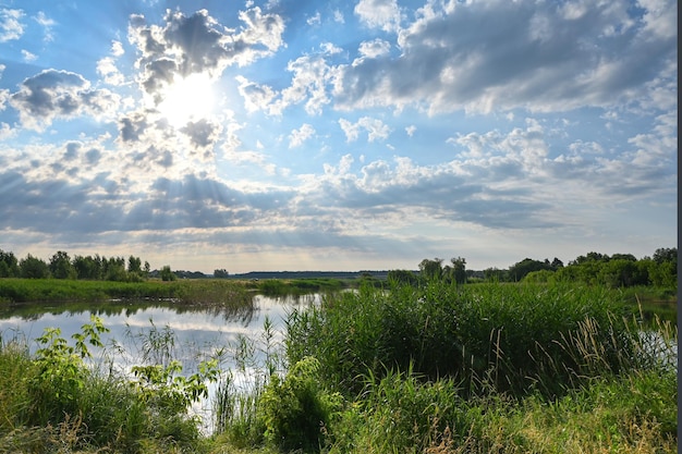 i raggi del sole sfondano le nuvole sul prato