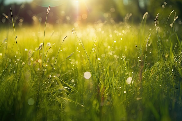 I raggi del sole tremolano attraverso i verdi prati primaverili Un giardino di campagna che si risveglia con la natura