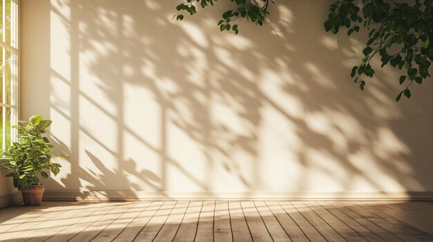 I raggi di sole attraversano una finestra proiettando ombre sul muro accanto a una lussureggiante pianta d'interno