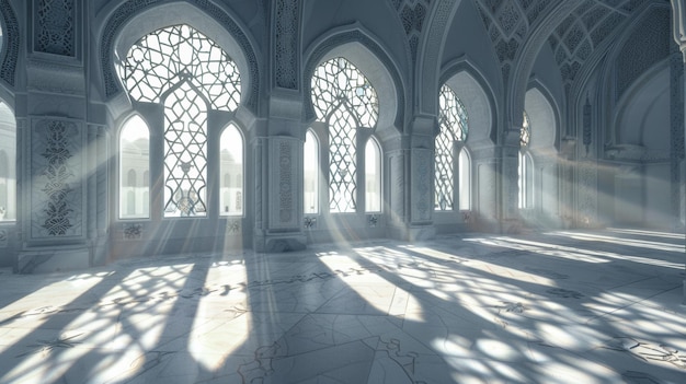 I raggi di sole penetrano le finestre arabesche ornate in un interno sereno