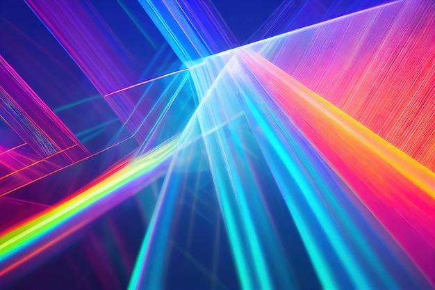 I raggi laser divergenti multicolori as d rendono lo sfondo al neon creato con l'IA generativa