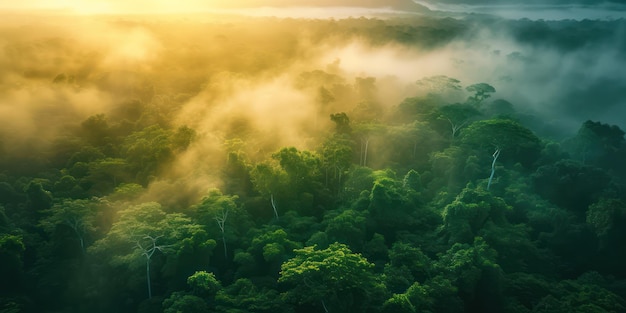 I raggi mistici del sole penetrano la verde foresta nebbiosa all'alba.