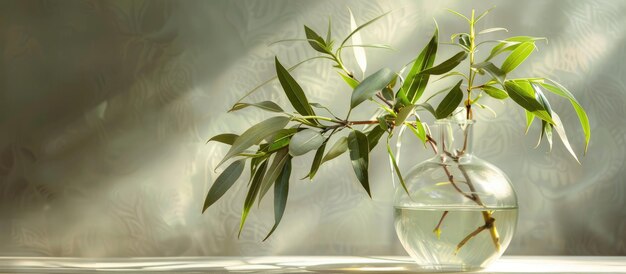 I rami delle piante rusco sono disposti in un vaso d'acqua per una bella mattina di primavera natura morta