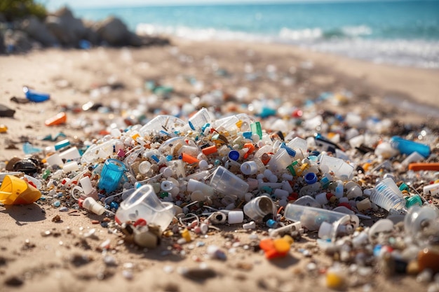 i rifiuti di plastica inquinano la spiaggia, le bottiglie che giacciono sulla spiaggia danneggiano l'ambiente