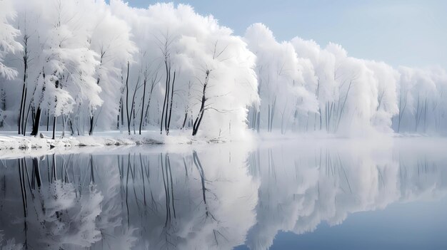 I riflessi degli alberi invernali in un lago calmo