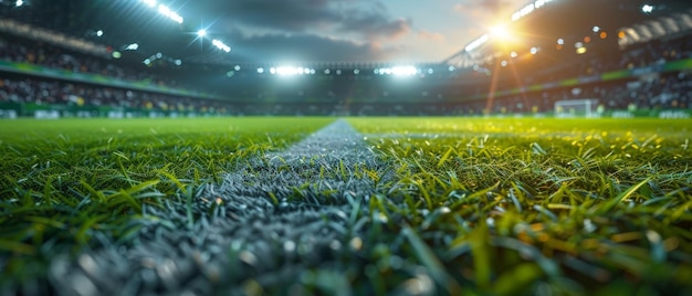 I riflettori luminosi illuminano un campo da calcio verde e uno stadio illuminato