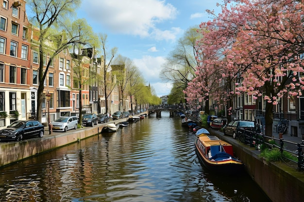 I romantici canali di Amsterdam in primavera Canali di Amsterdam con biciclette e fiori al tramonto