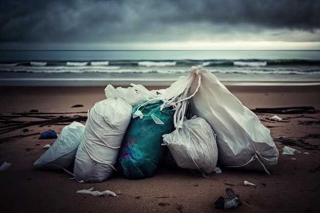 I sacchi della spazzatura di plastica si sono incagliati sulla spiaggia tranquilla