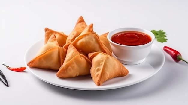 I samosa vengono serviti con una ciotola di salsa marinara