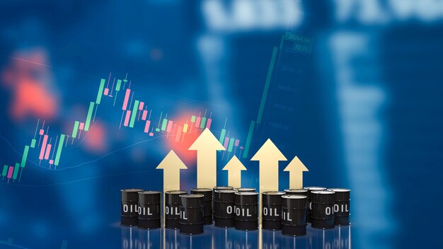 I serbatoi dell'olio e la freccia d'oro sul grafico aziendale sfondo rendering 3d