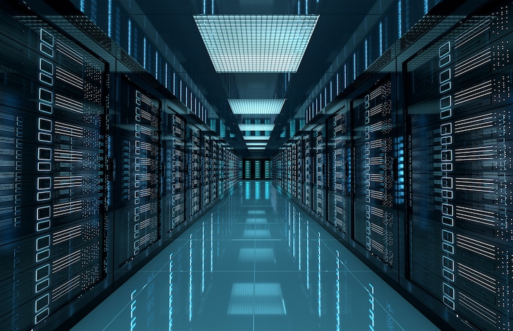 Foto i server oscuri centrano la stanza con computer e sistemi di archiviazione
