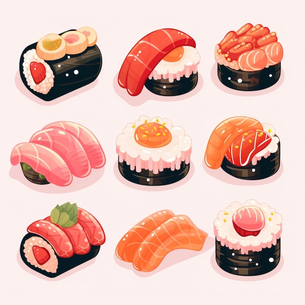 I set Sushi Vector presentano spesso diversi tipi di sushi, da nigiri e maki a sashimi e temaki