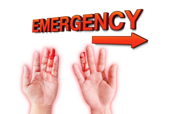I simboli del dipartimento di emergenza con le mani insanguinate possono accadere in qualsiasi momento.