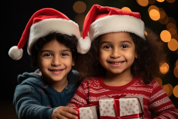 I simpatici bambini indiani festeggiano il Natale con regali e cappello da Babbo Natale