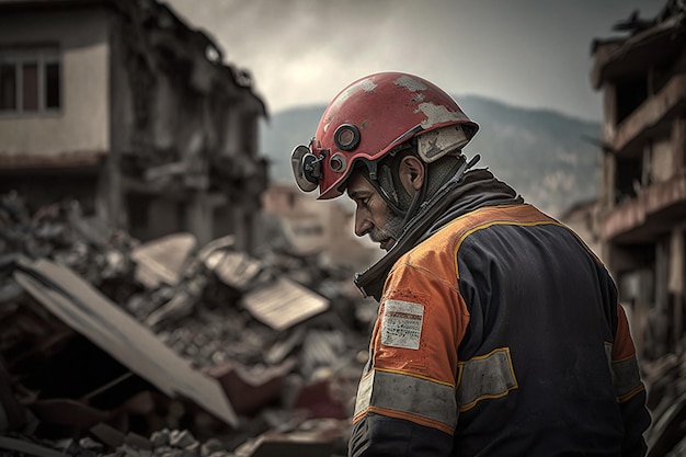 I soccorritori in divisa e caschi smantellano le macerie delle case dopo il terremoto la città in rovina e gli edifici a più piani disastrati le conseguenze di un forte terremoto IA generativa