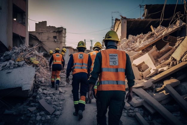 I soccorritori in divisa e caschi smantellano le macerie delle case dopo il terremoto la città in rovina e gli edifici a più piani disastrati le conseguenze di un forte terremoto IA generativa