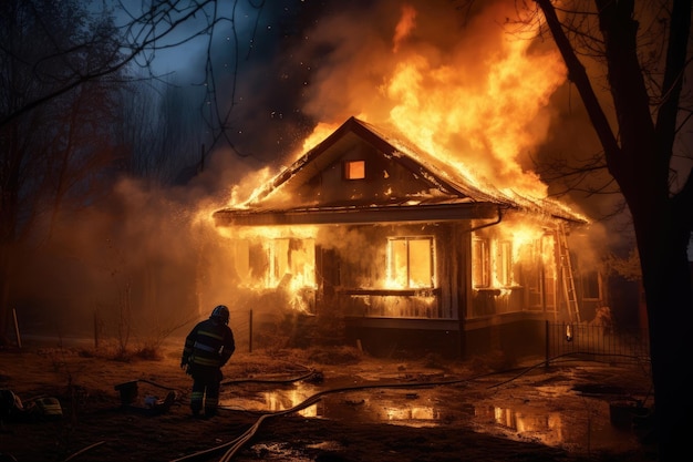 I soccorritori spengono una casa in fiamme.