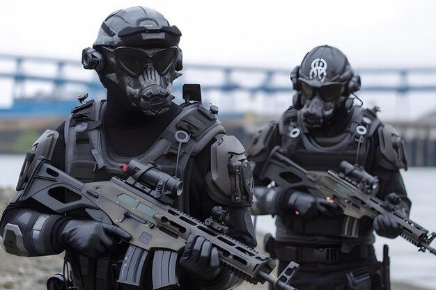 I soldati delle forze speciali con armi prendono parte alla manovra militare Tecnologia dell'esercito di guerra e concetto di persone Rete neurale AI generata