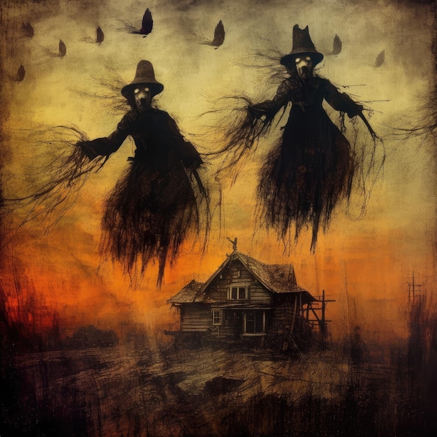 I stregoni volano Halloween spaventoso inquietante arte murale poster stampa illustrazione personaggio fantastico oscuro cupo