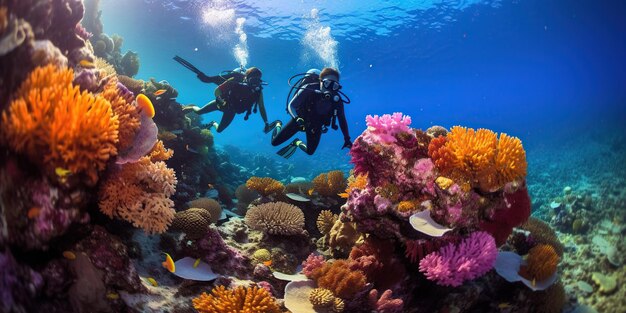 I subacquei si godono le colorate barriere coralline morbide sott'acqua