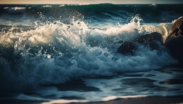 I surfisti al tramonto cavalcano le onde che spruzzano spruzzi di rocce generate dall'intelligenza artificiale