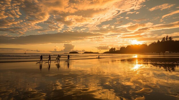 I surfisti camminano sulla spiaggia al tramonto con le loro tavole da surf.