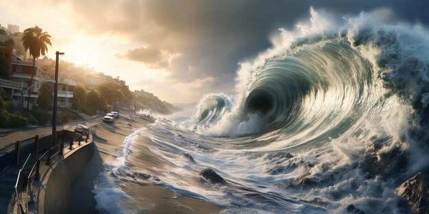 I surfisti guidano le loro tavole sulla riva di una grande onda generativa ai