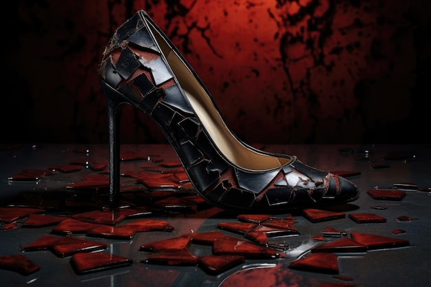 I tacchi alti neri sul tavolo calzature eleganti accessori per gli amanti della moda scarpe da donna calpestano un cuore spezzato in toni scuri che raffigurano l'amore non corrisposto AI Generato