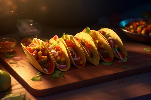 I tacos giacciono su una tavola di legno sul tavolo cibo di strada cibo messicano AI generato