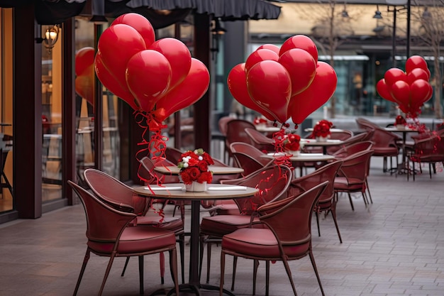 I tavoli del caffè sono decorati con palloncini rossi a forma di cuore per il Giorno di San Valentino generati dall'AI