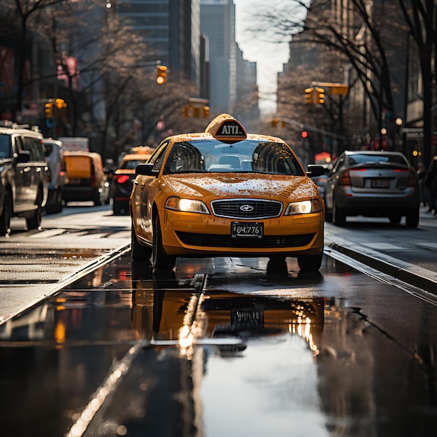 I taxi di New York sfocati in una giornata di sole a New York sfrecciano vicino