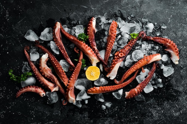 I tentacoli di polpo giacciono su ghiaccio su uno sfondo di pietra nera Frutti di mare Vista dall'alto Disposizione piatta