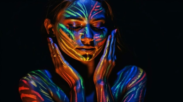 I tesori nascosti Immagine di IA generativa di una giovane donna in posa mentre indossa vernice al neon sul viso