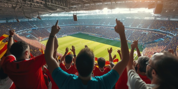 I tifosi di calcio fanno un gesto con il braccio in uno stadio per un evento sportivo AIG41