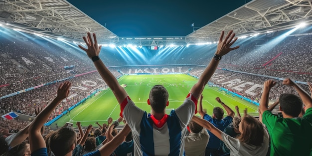 I tifosi fanno un gesto eccitato durante l'emozionante partita di calcio nello stadio