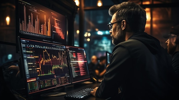 I trader di criptovaluta che discutono di ricerche sui grafici di trading riportano la crescita e la nozione di rischi finanziari mentre osservano il monitor
