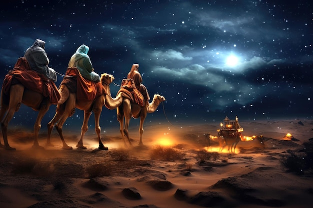 I Tre Re Magi portano doni attraverso il deserto guidati dalle stelle. Il concetto di Natale