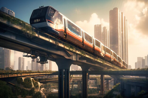 I treni del futuro in bilico senza sforzo attraversano un elegante ponte ferroviario circondato da grattacieli all'avanguardia e innovazione urbana