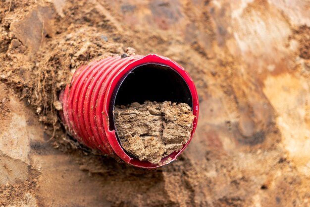 I tubi dell'acqua per l'approvvigionamento di acqua potabile giacciono sul cantiere Preparazione per lavori di sterro per la posa di una conduttura sotterranea Moderni sistemi di approvvigionamento idrico per una città residenziale