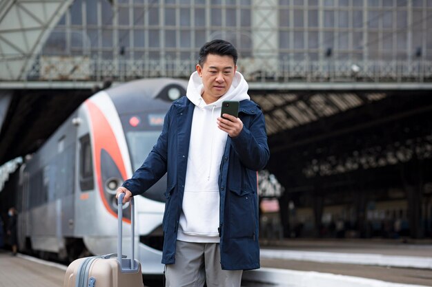 I turisti asiatici che prenotano un alloggio a casa utilizzando il telefono cellulare Il passeggero arriva in treno nella nuova città