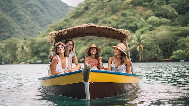 I turisti che vogliono sfruttare al massimo il loro tempo in costume da bagno e copertura navigano lungo coste mozzafiato fermandosi su spiagge idilliache generate dall'AI