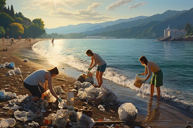 I turisti ripuliscono la spiaggia dai rifiuti di plastica Creato con l'intelligenza artificiale generativa
