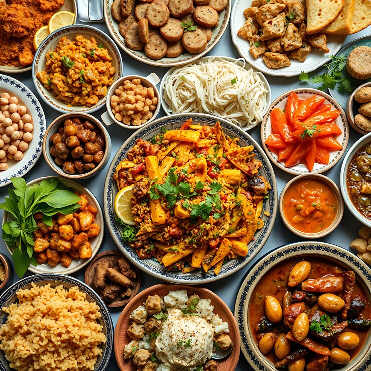 I vari piatti vivaci e colorati della cucina mediorientale sontuosi e diversi alimenti ci ai