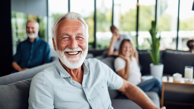 I vecchi amici maschi ridono ricordando i vecchi tempi e gli eventi mentre sono seduti sul divano nel luminoso soggiorno