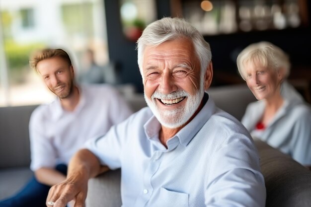 I vecchi amici maschi ridono ricordando i vecchi tempi e gli eventi mentre sono seduti sul divano nel luminoso soggiorno